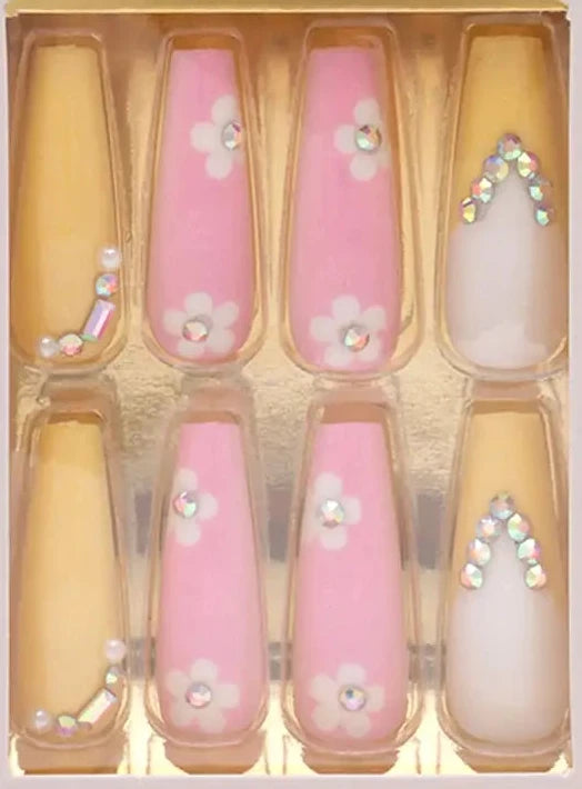 Pink & Yellow Floral Press On Nails